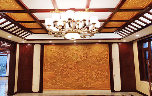 东成镇中式别墅客厅中式木作横梁吊顶装饰展示