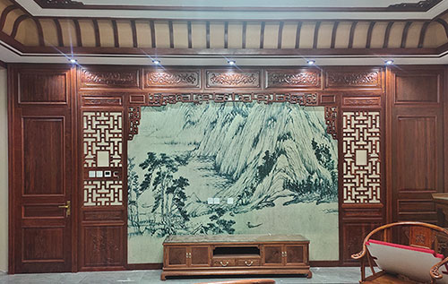 东成镇中式仿古别墅客厅背景墙花格木作装饰